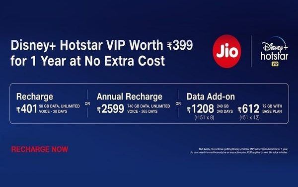 Jio Disney+ Hotstar offer: get a free subscription on Jio prepaid number